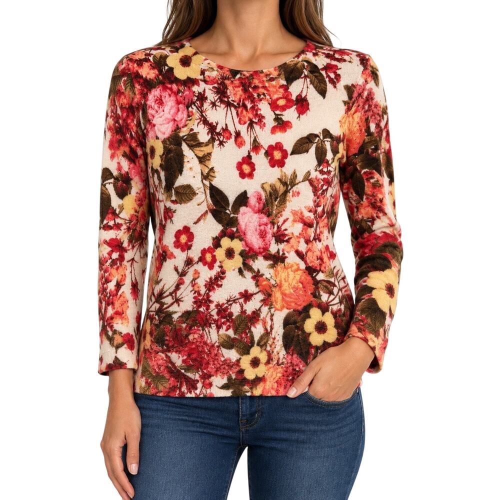 Talbots Sz Medium 100% PURE MERINO WOOL Fall Knit Sweater Shirt Top Floral